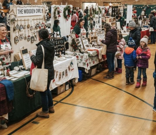 Seeking Holiday Craft Vendors Shoppers browsing handmade goods at vendor tables in an indoor holiday craft fair