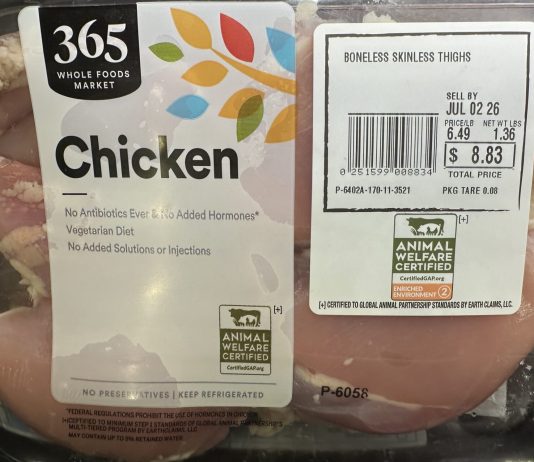 365 Chicken “Better Meat”? Package of Whole Foods 365 boneless skinless chicken thighs with price label