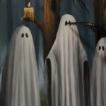 Monsterville Art Show Hand painting three ghosts with candles in a dark forest scene