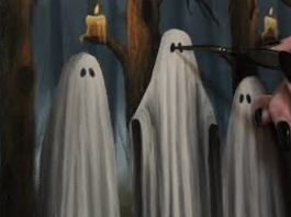 Monsterville Art Show Hand painting three ghosts with candles in a dark forest scene