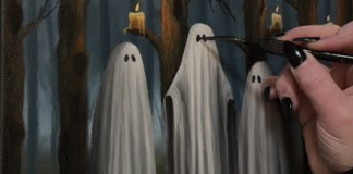 Monsterville Art Show Hand painting three ghosts with candles in a dark forest scene